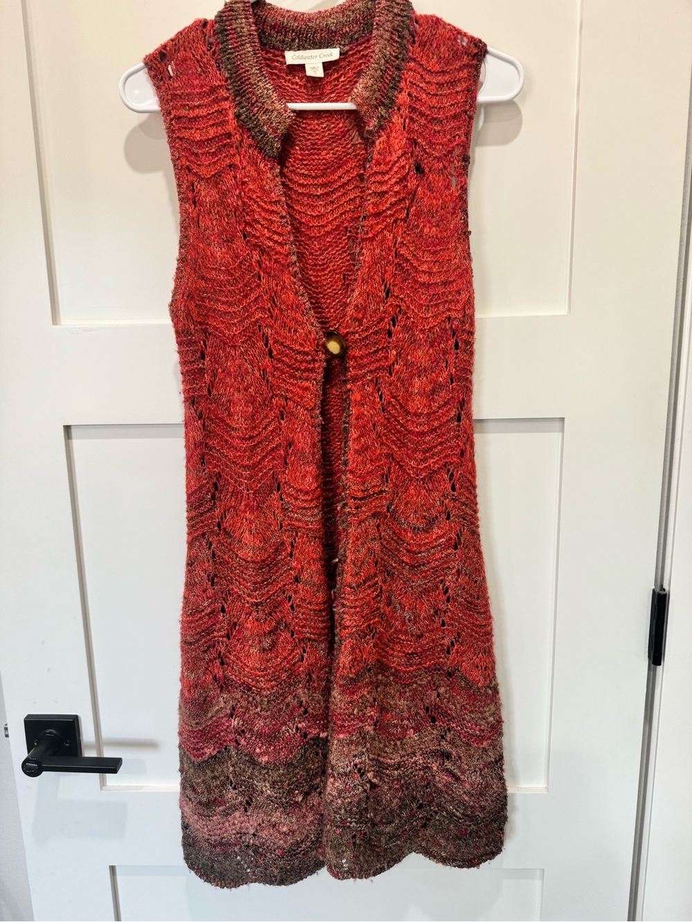 Vintage Y2K Coldwater Creek Ombre Open Knit Duster Vest – Red & Brown Boho XS